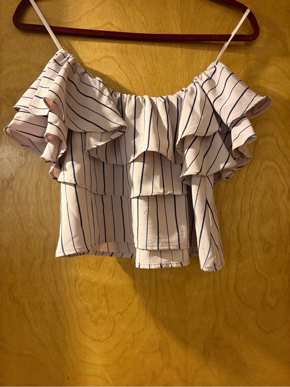 She + Sky Pink Striped Ruffle Off-Shoulder Camisole
